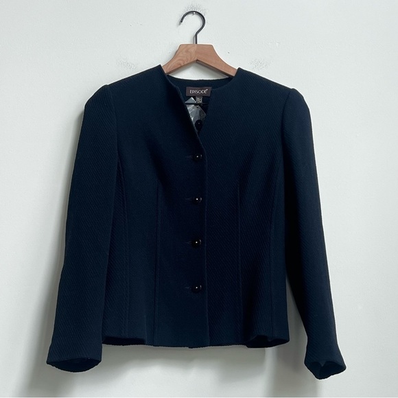 Episode Size 2 Wool Floral Blazer Jacket Navy Long Sleeve Quiet Luxury Business - Picture 1 of 11